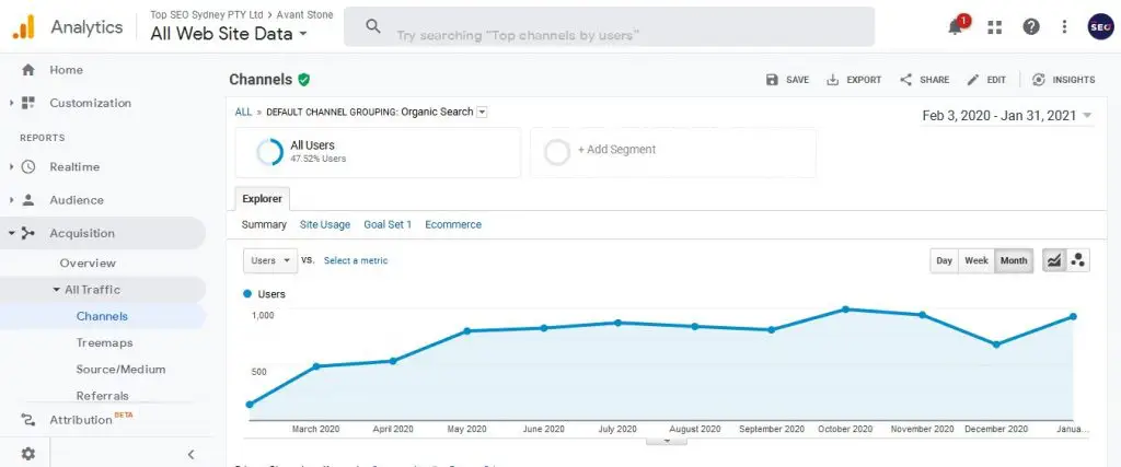 Avant Stone SEO Graph showing growth in traffic fro